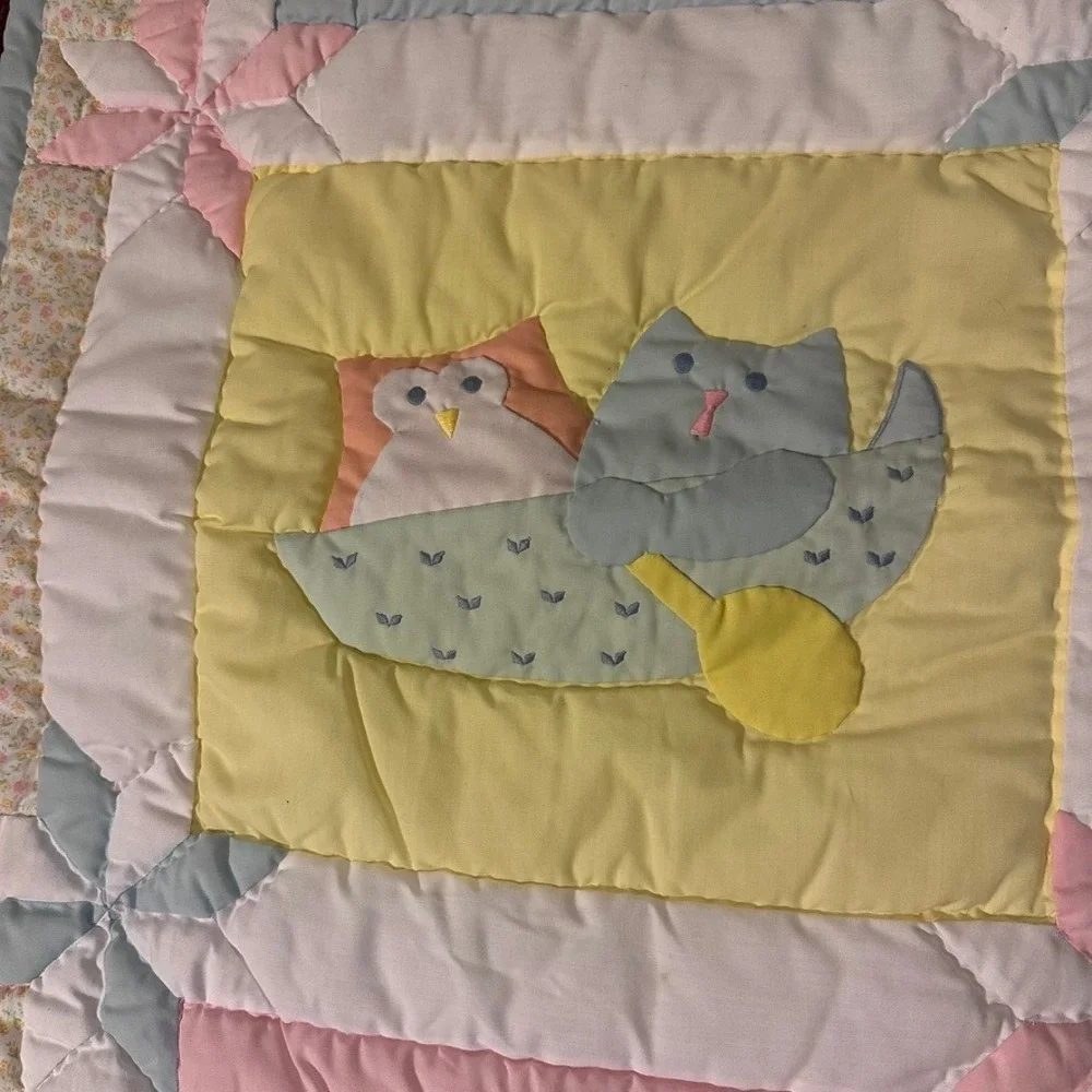 House of Hatten Baby Quilt 48x36 Pastel Vintage Nursery Applique Bedding